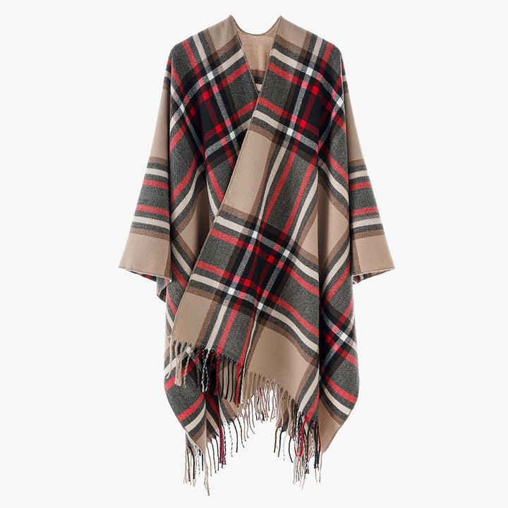 Women Checkered Oversized Throw Poncho with V-Neck and Fringed Hem Mune Fashion