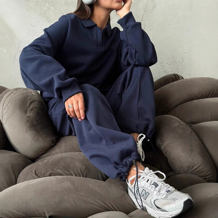 Women's Relaxed Polo Sweatshirt with V-Notch and Gathered Drawstring Jogging Pants Mune Fashion