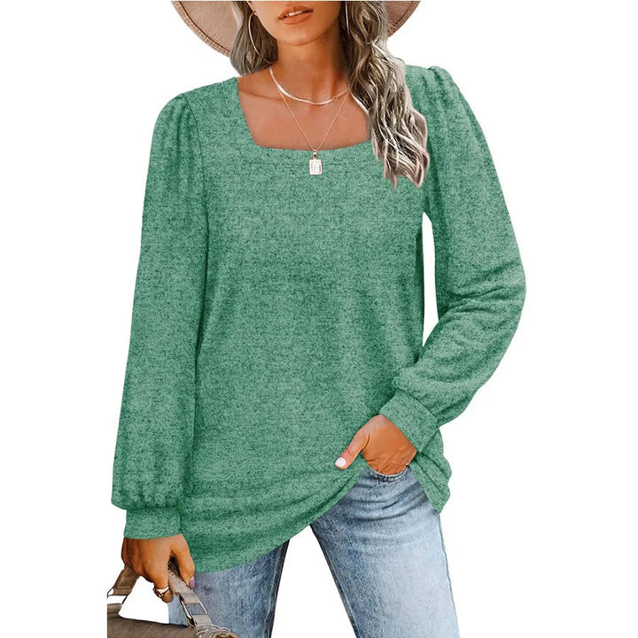 Women's relaxed fine-knit sweater with square neckline, puff shoulder, and cuffs