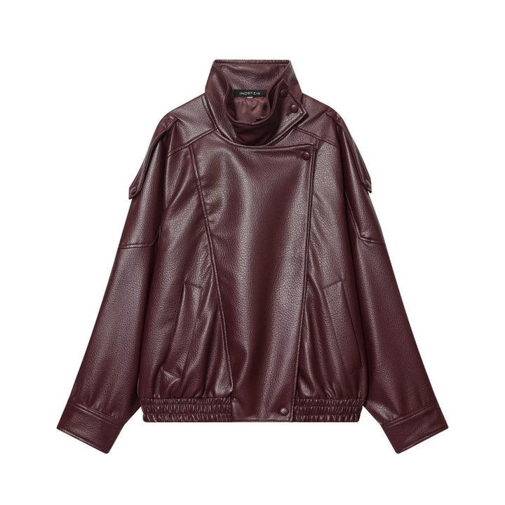 Women's Cropped Faux Leather Bomber with Asymmetric Snap Placket and Funnel Neck Mune Fashion