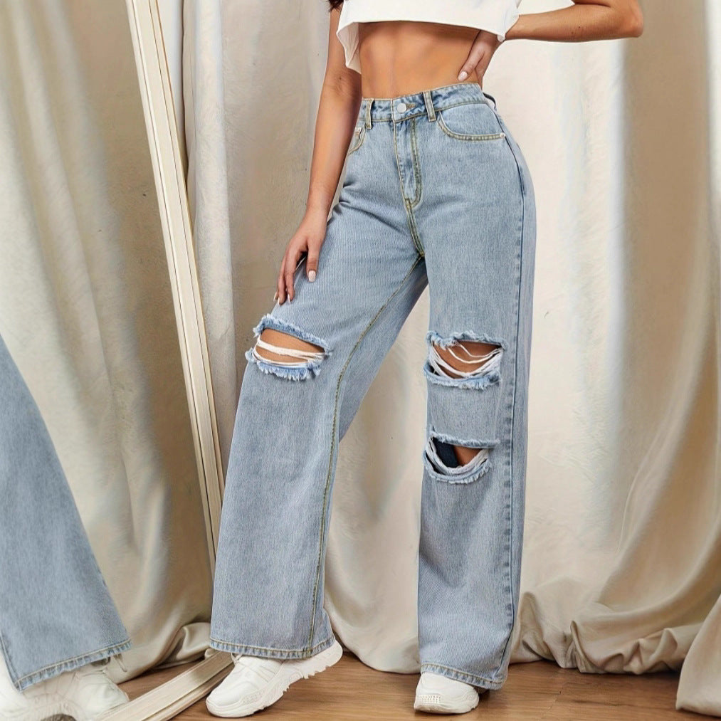 Ladies high-waisted baggy jeans in wide-leg with multi-level knee cutouts Mune Fashion