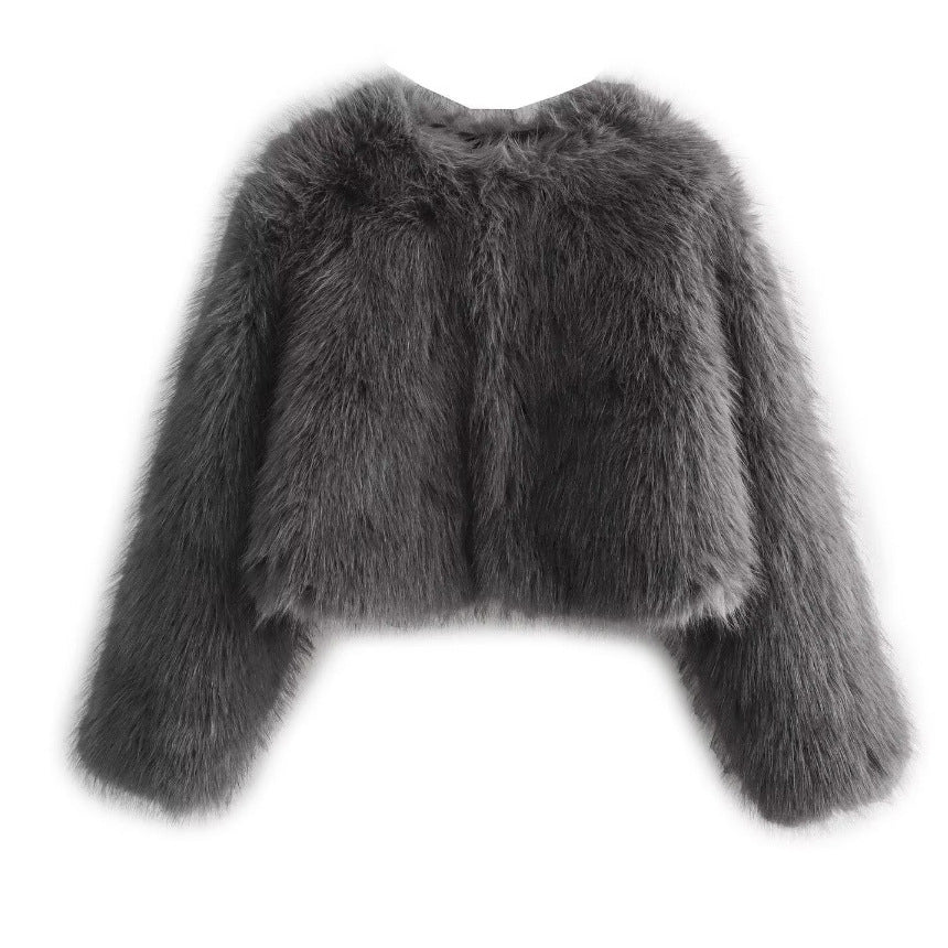 Women's Short Faux Fur Jacket with Voluminous Sleeves and Round Neckline Mune Fashion