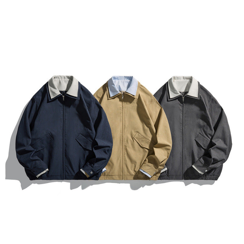 Men's Short-Cut Canvas Blouson Jacket in Workwear Look with Contrasting Shirt Collar Mune Fashion