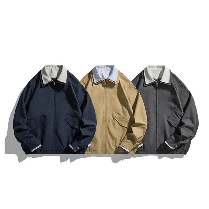 Men's Short-Cut Canvas Blouson Jacket in Workwear Look with Contrasting Shirt Collar Mune Fashion