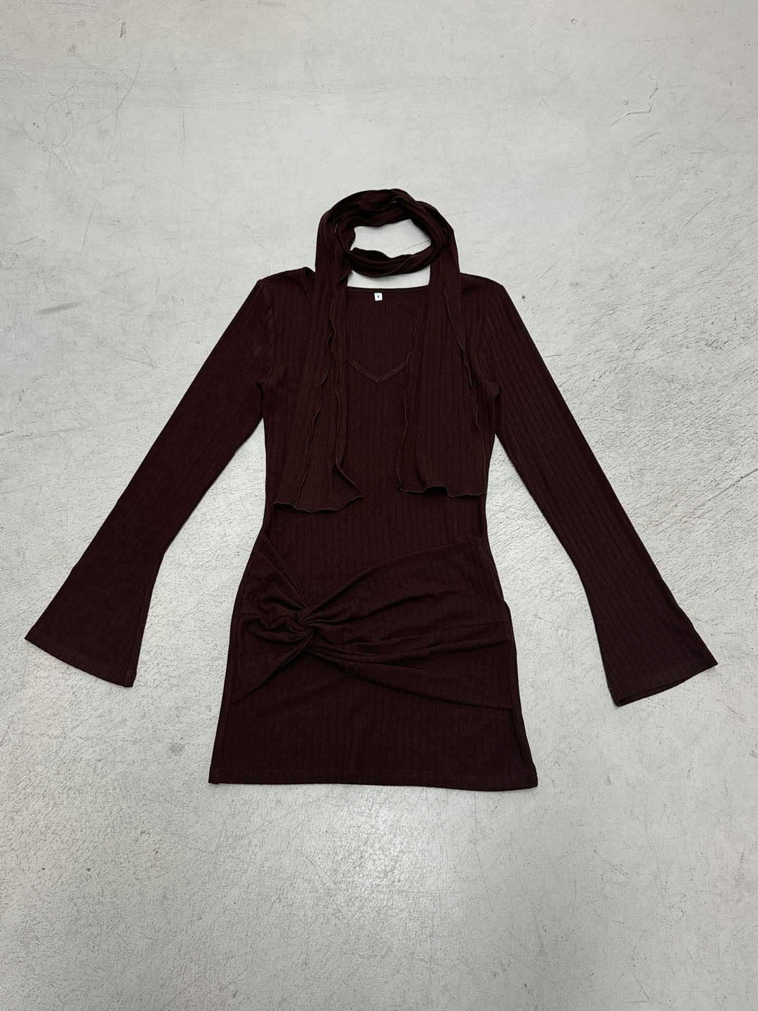 Women’s figure-hugging ribbed knit mini dress with knot detail, integrated loop and neck scarf Mune Fashion