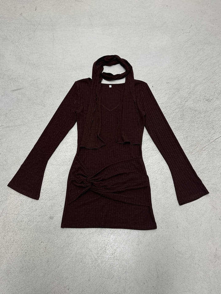 Women’s figure-hugging ribbed knit mini dress with knot detail, integrated loop and neck scarf Mune Fashion