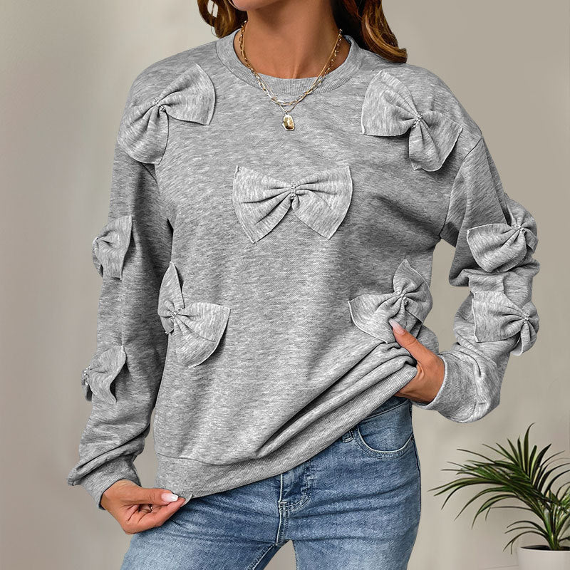 Women's Cozy Sweatshirt with 3D Bow Applications, Round Neck & Ribbed Cuffs Mune Fashion