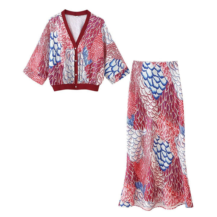 Ladies two-piece satin set with floral printed short jacket and bias-cut midi skirt Mune Fashion