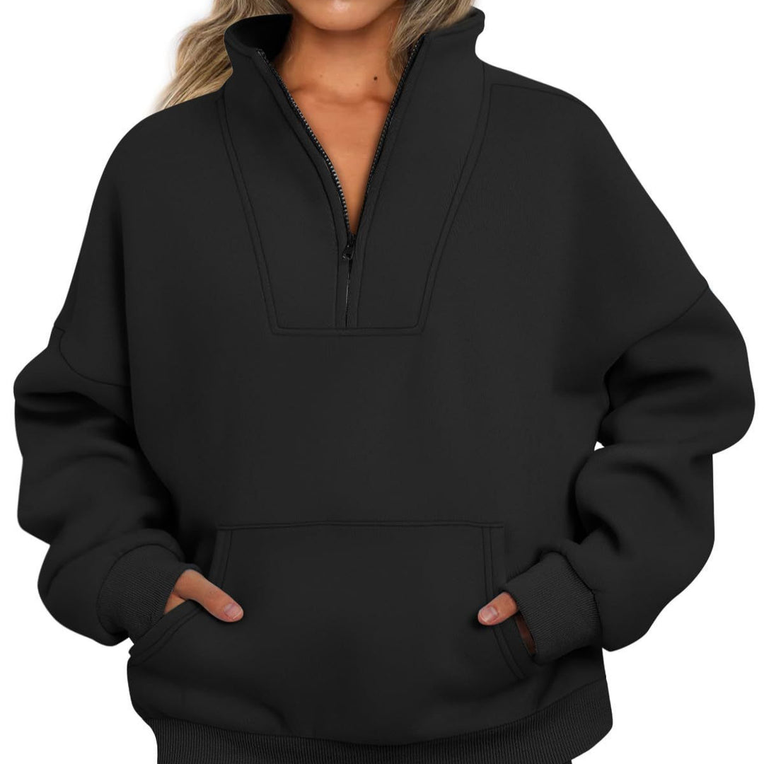 Women's oversized half-zip hoodie with high stand collar, kangaroo pocket, and ribbed cuffs Mune Fashion