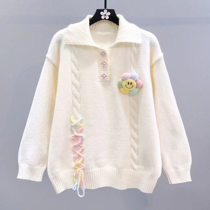 Women's Fashionable Sweater with Flower Applications and Cable Pattern Mune Fashion