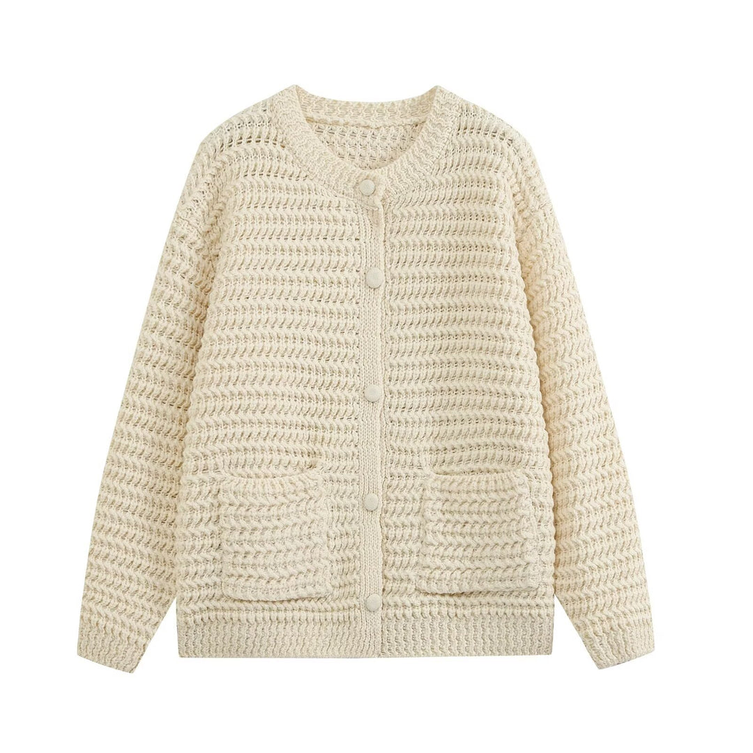 Women Chunky Knit Oversized Cardigan with Button Placket and Patch Pockets Drune