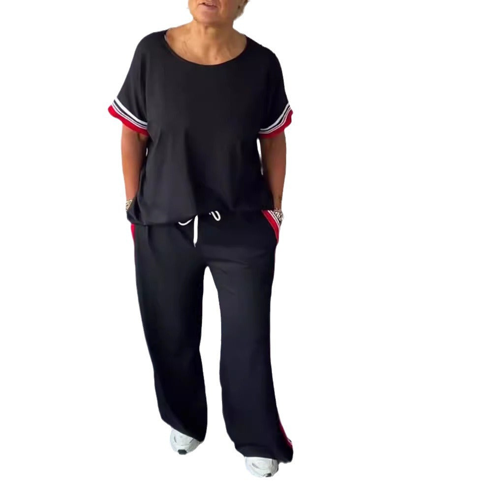 Ladies' sporty-elegant two-piece set with boxy short sleeve shirt, drawstring jog pants, and side contrast stripe Mune Fashion