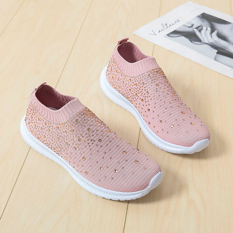 Women's Elastic Slip-On Knit Sneakers with Rhinestone Embellishments Mune Fashion