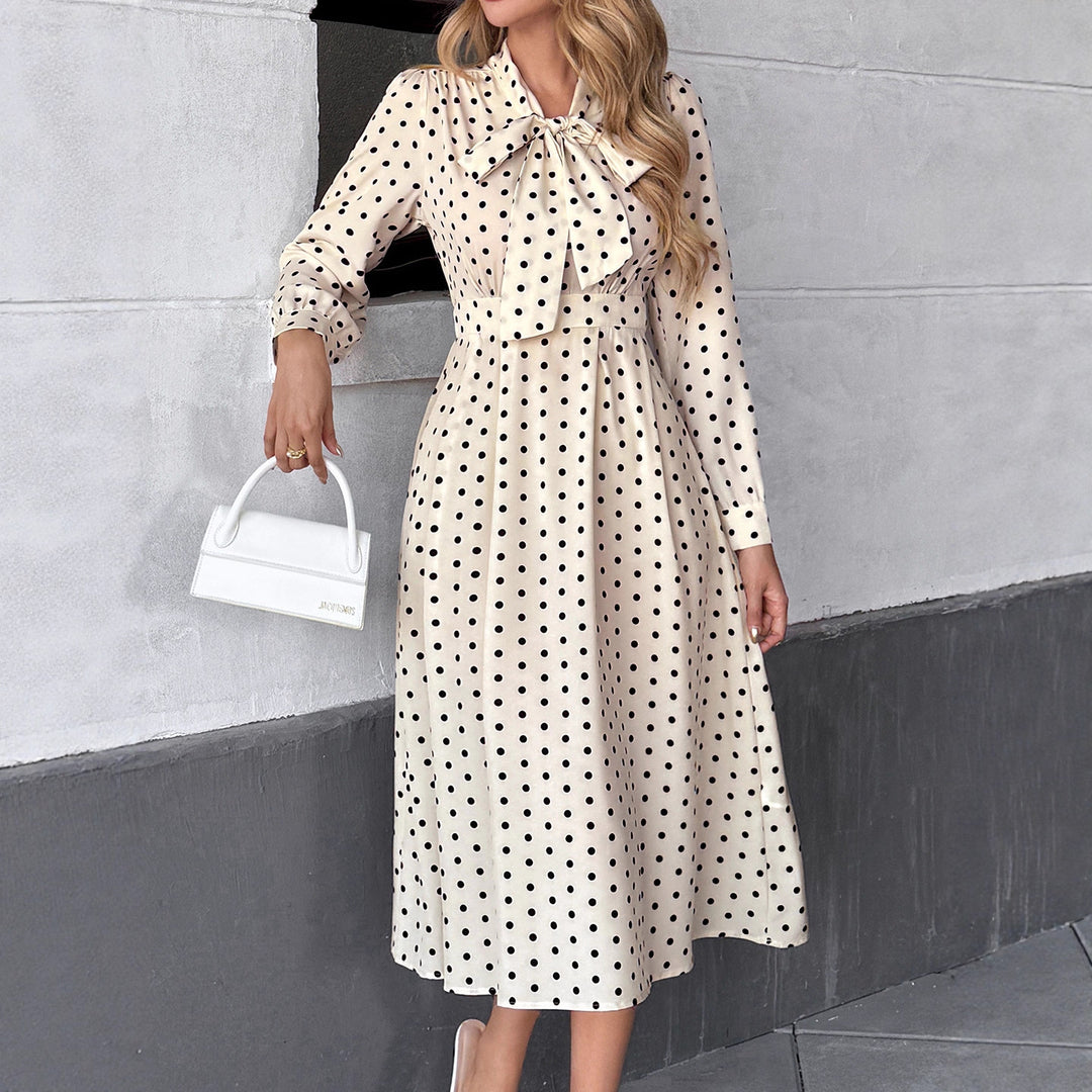 Women’s Midi Dress with Bow Collar and Dots Mune Fashion