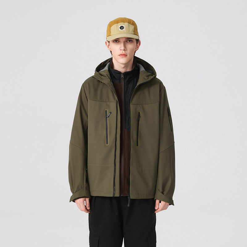 Men's multifunctional softshell jacket with ergonomic weather protection, adjustable hood and vertical zip pockets Mune Fashion