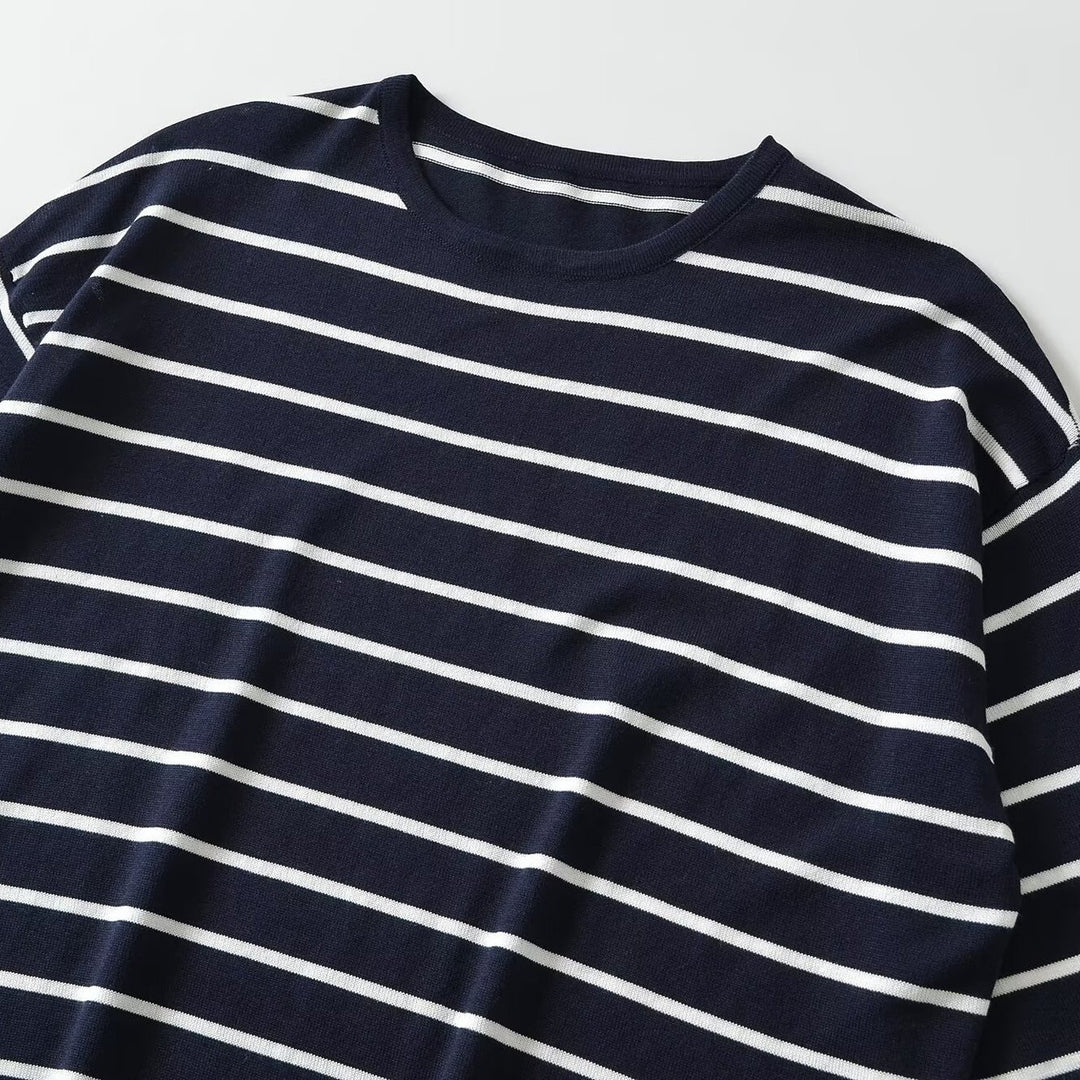 Women's Oversize Striped Shirt with Boat Neck and 3/4 Sleeves Mune Fashion