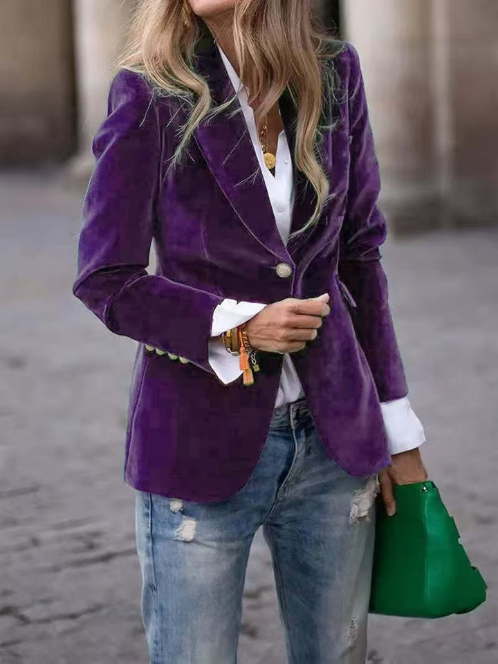 Women's Tailored Velvet Blazer with Notched Lapels and Decorative Buttons Drune