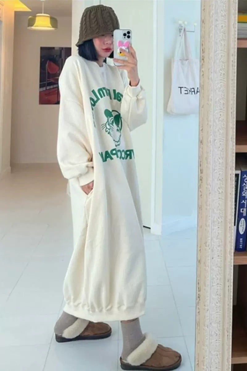Women Long Fleece Sweat Dress with Statement Print, Side Pockets and Elastic Hem Mune Fashion
