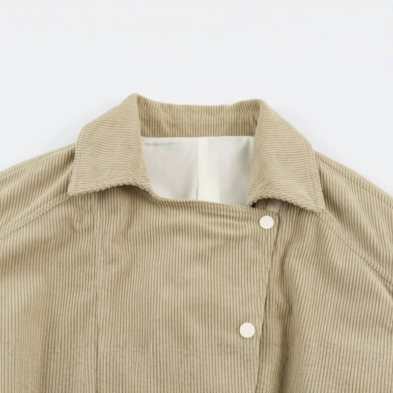 Women’s corduroy short jacket with fitted belt and snap button placket Mune Fashion