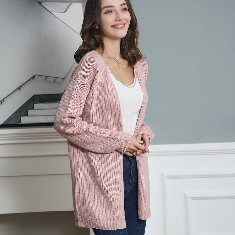 Women Longline Knit Cardigan without Closure with Open Front and Fine Rib Edge Mune Fashion