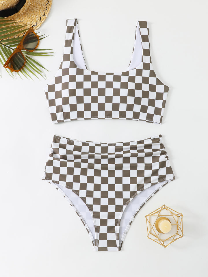 Women's High-Waisted Bikini Set with Checker Pattern Mune Fashion