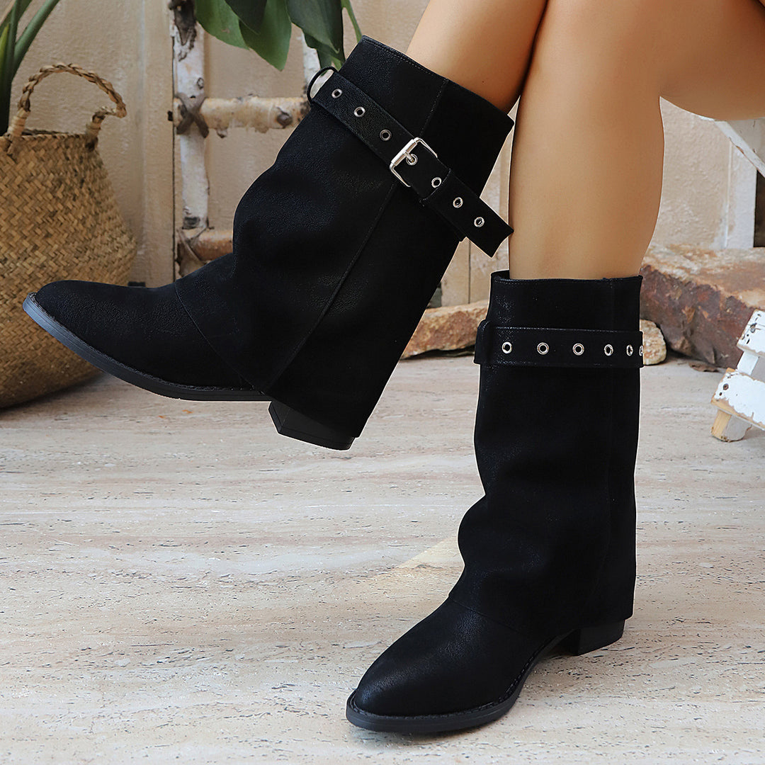 Women Mid-Calf Boots with Buckle Strap and Low Block Heel Mune Fashion