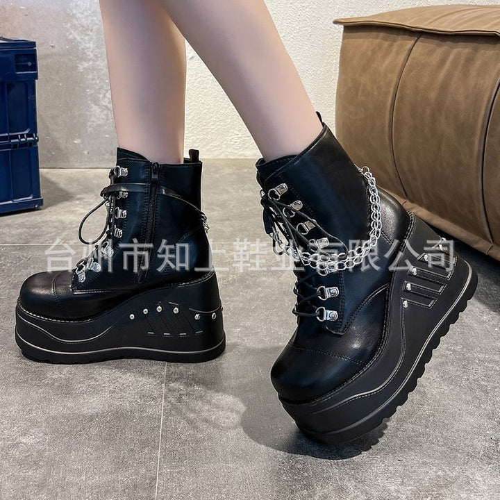 Women's Gothic Platform Ankle Boots with Lacing, Eyelet Straps, and Pendant Details Mune Fashion
