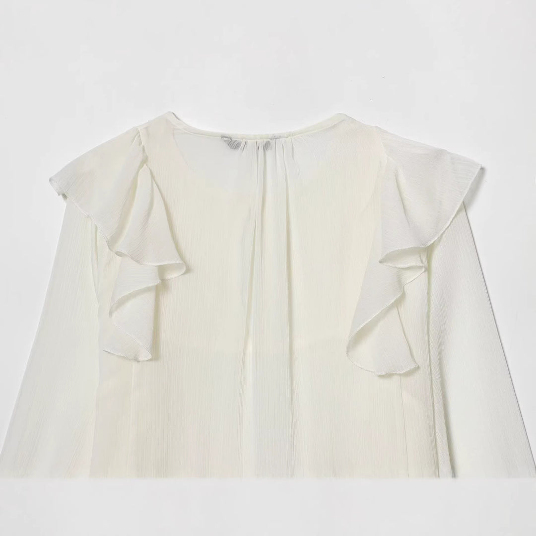 Women’s chiffon blouse with ruffle detail and pleated bust area Mune Fashion