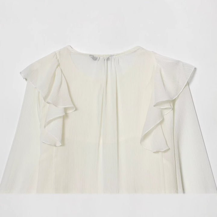 Women’s chiffon blouse with ruffle detail and pleated bust area Mune Fashion