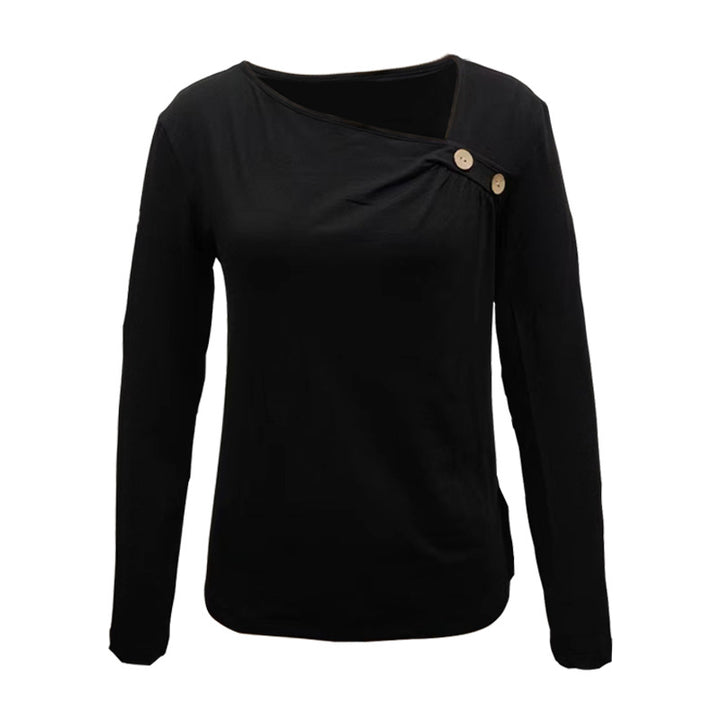 Women Long Sleeve Shirt with Asymmetrical Neckline and Decorative Buttons Mune Fashion