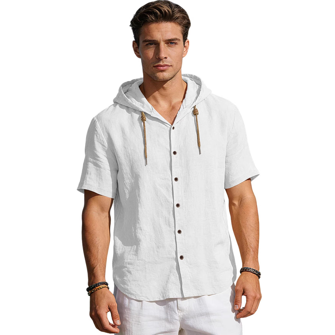 Men's tailored short-sleeve hooded shirt in textured linen look with wood look buttons and drawstring Mune Fashion