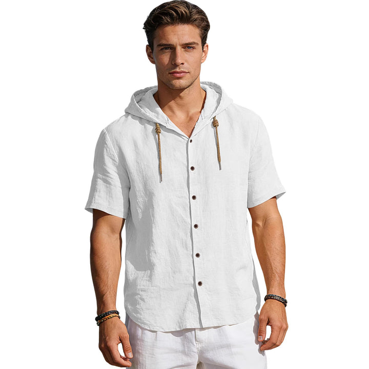 Men's tailored short-sleeve hooded shirt in textured linen look with wood look buttons and drawstring Mune Fashion