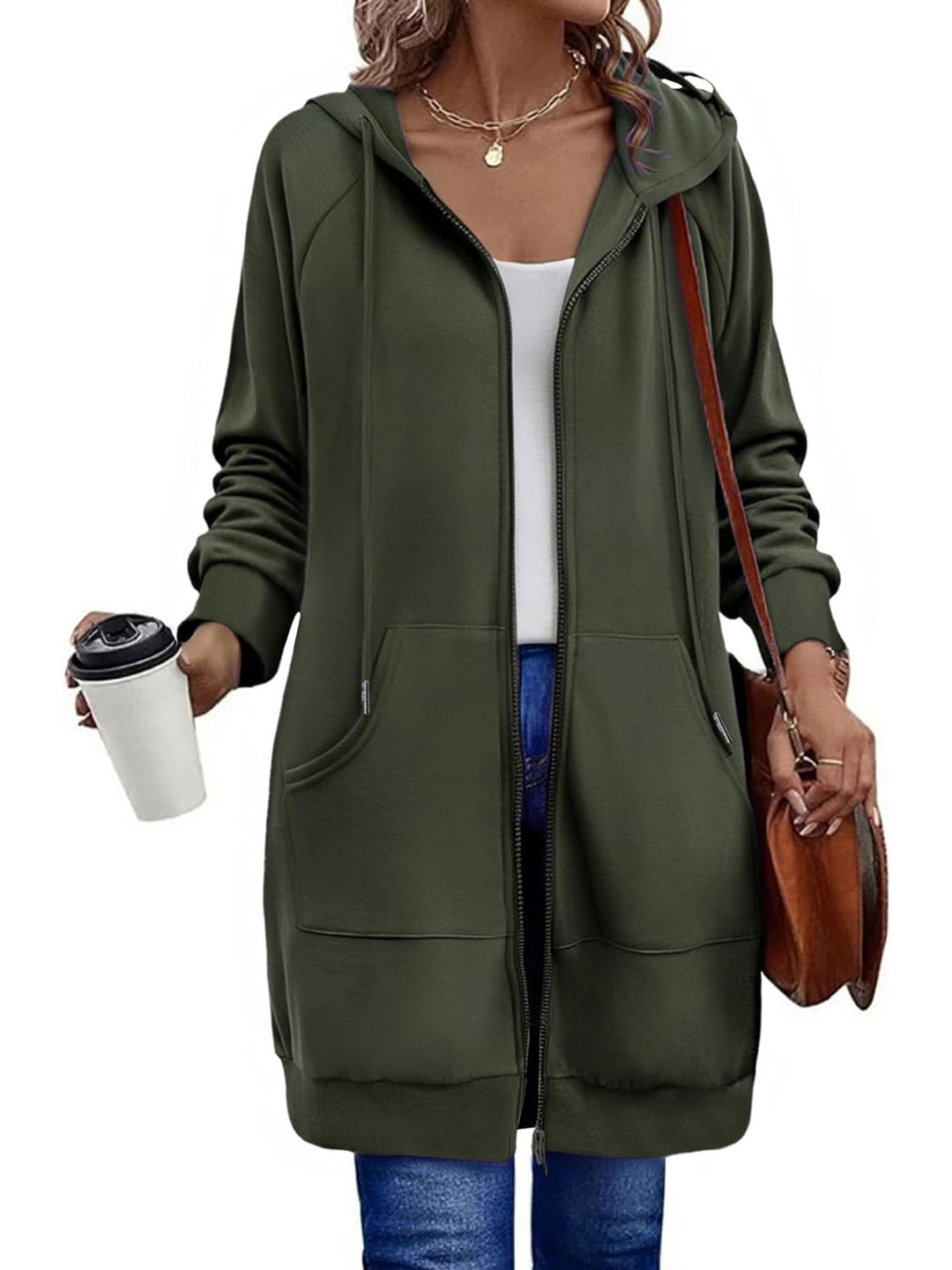 Women's Long Zip Hoodie with Oversize Silhouette, Kangaroo Pockets and Ribbed Cuffs Drune
