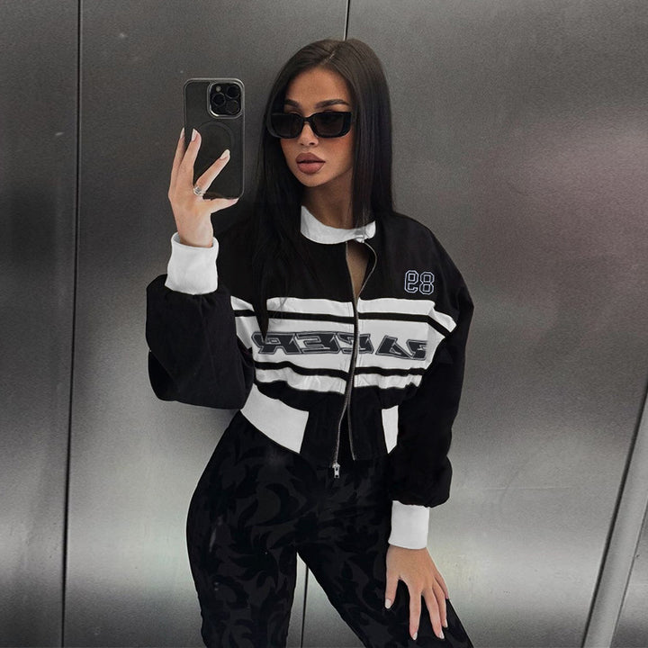 Women's Short-Cut Racer Training Jacket with Zip, Sporty Print and Elastic Hem Mune Fashion