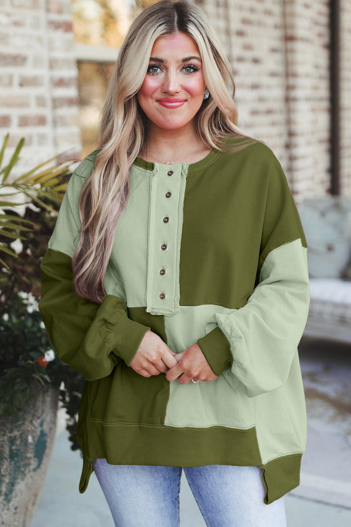 Women's Oversized Long Sleeve Sweatshirt in Colorblock with Henley Button Placket and Balloon Sleeves Mune Fashion