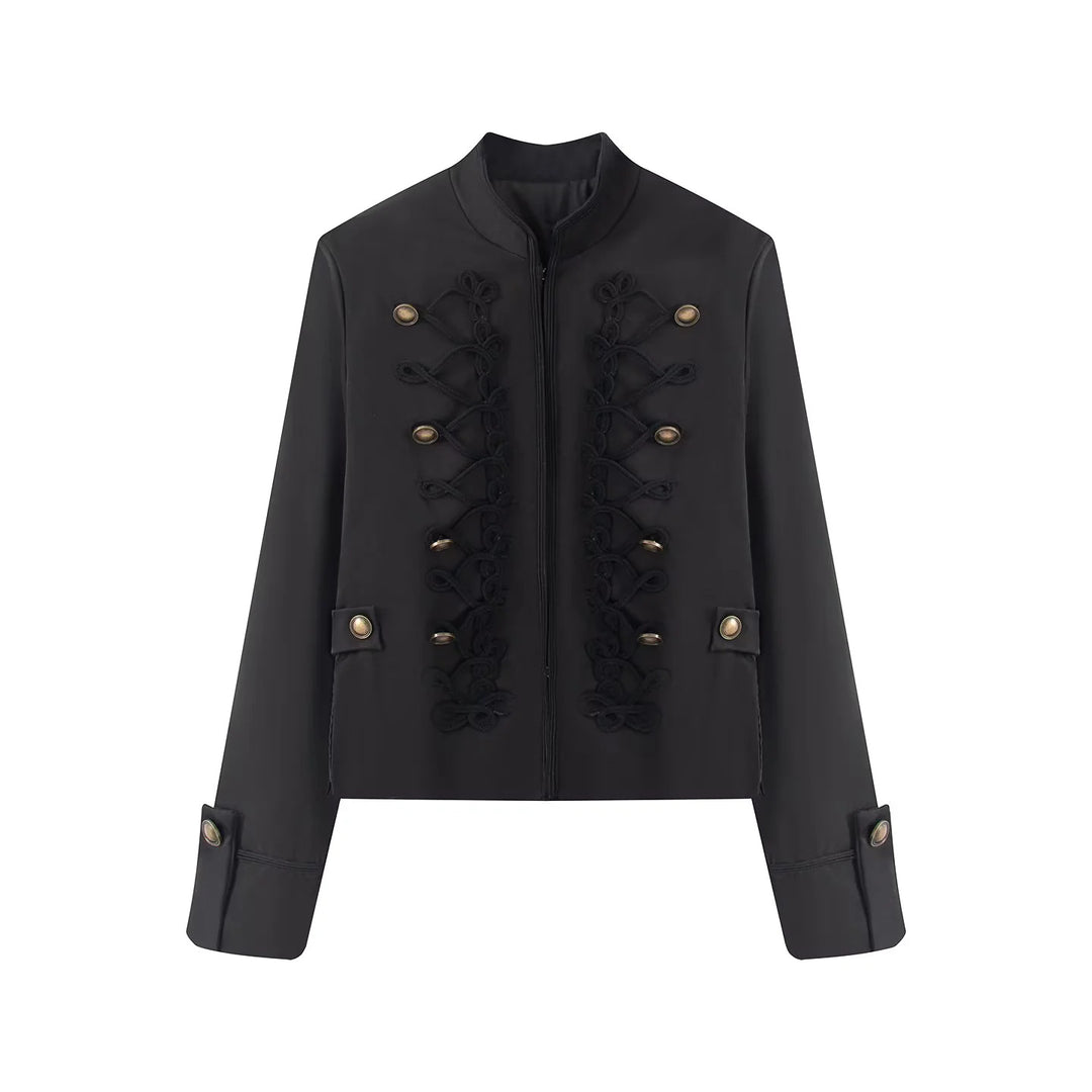 Women's short jacket in uniform style with ornamental cord decoration, stand-up collar and concealed zipper Mune Fashion