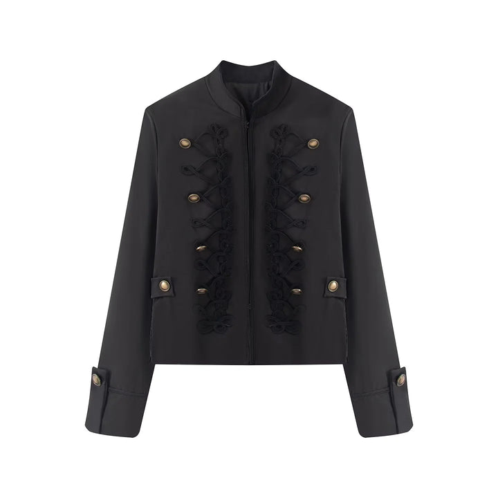 Women's short jacket in uniform style with ornamental cord decoration, stand-up collar and concealed zipper Mune Fashion