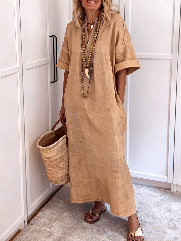 Women's Linen Maxi Dress with V-Neck and Practical Pockets Mune Fashion