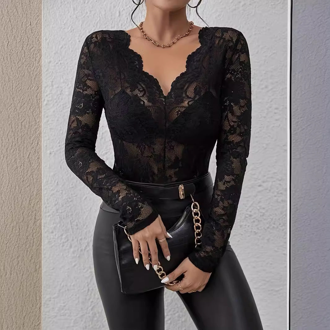 Ladies Lace Bodysuit with V-Neck and Long Sleeves Mune
