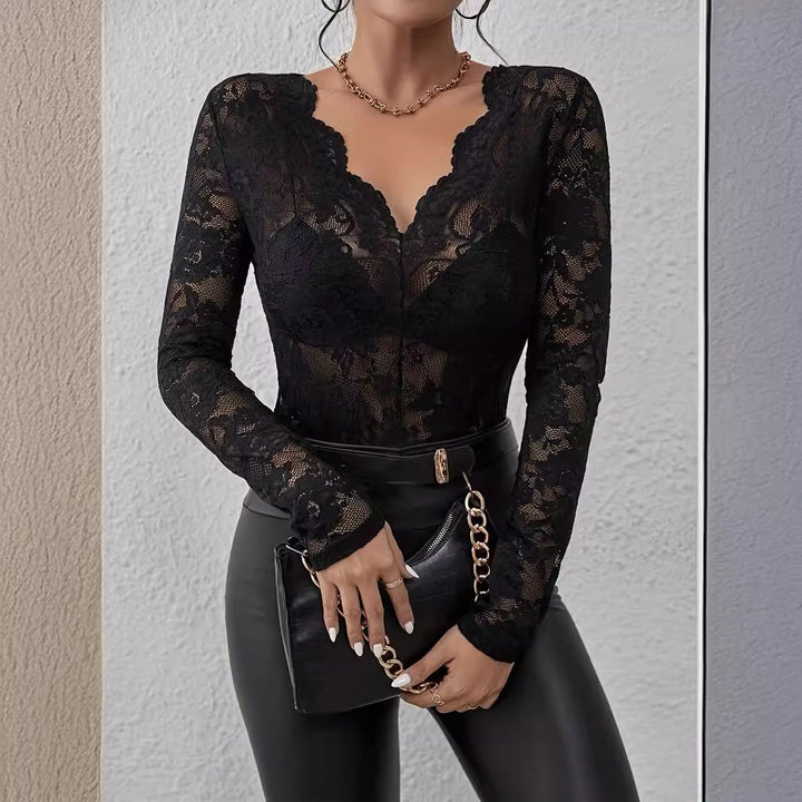 Ladies Lace Bodysuit with V-Neck and Long Sleeves Mune