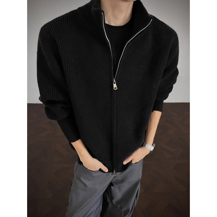 Unisex chunky knit zip jacket with stand-up collar and two-way zipper Mune Fashion