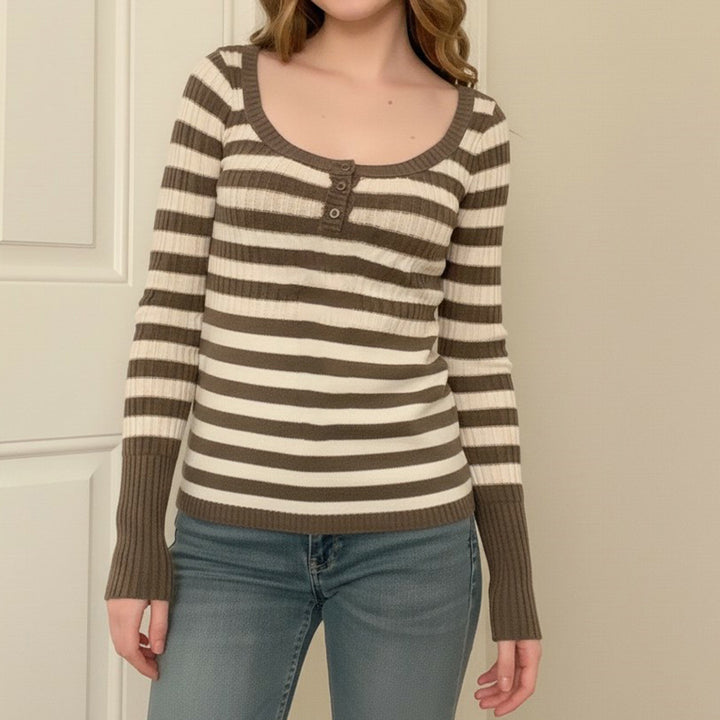 Women's Striped Ribbed Knit Shirt with Boat Neck and Decorative Button Placket Mune Fashion