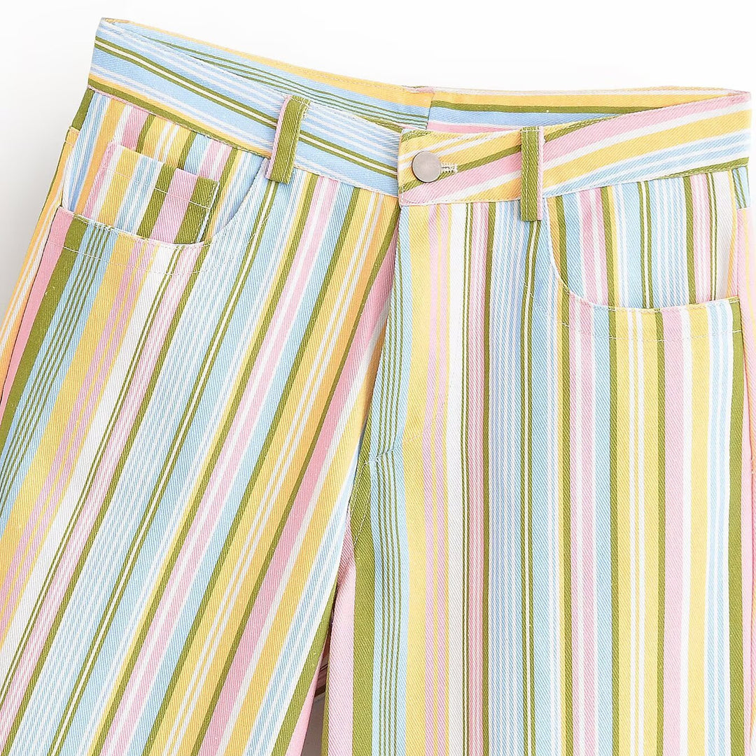 Women's Striped High Waist Pants with Wide Leg and Five Pocket Cut Mune Fashion