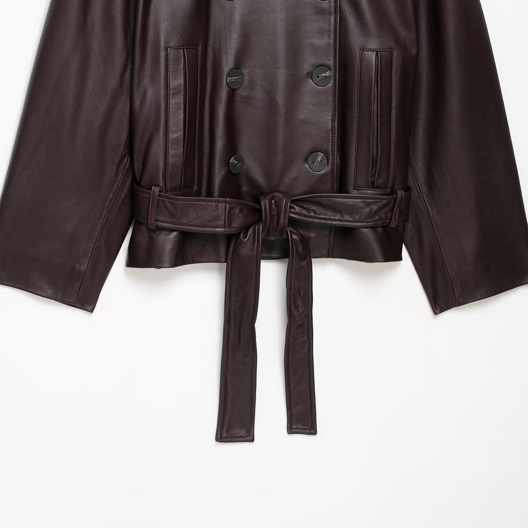 Women Short Leather Trench Coat Jacket with High Standing Collar, Double-Breasted Button Placket and Waist Belt Mune Fashion