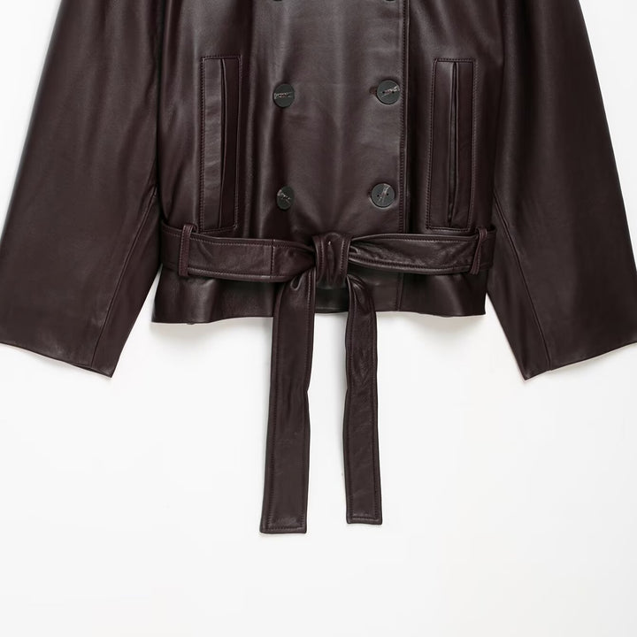 Women Short Leather Trench Coat Jacket with High Standing Collar, Double-Breasted Button Placket and Waist Belt Mune Fashion