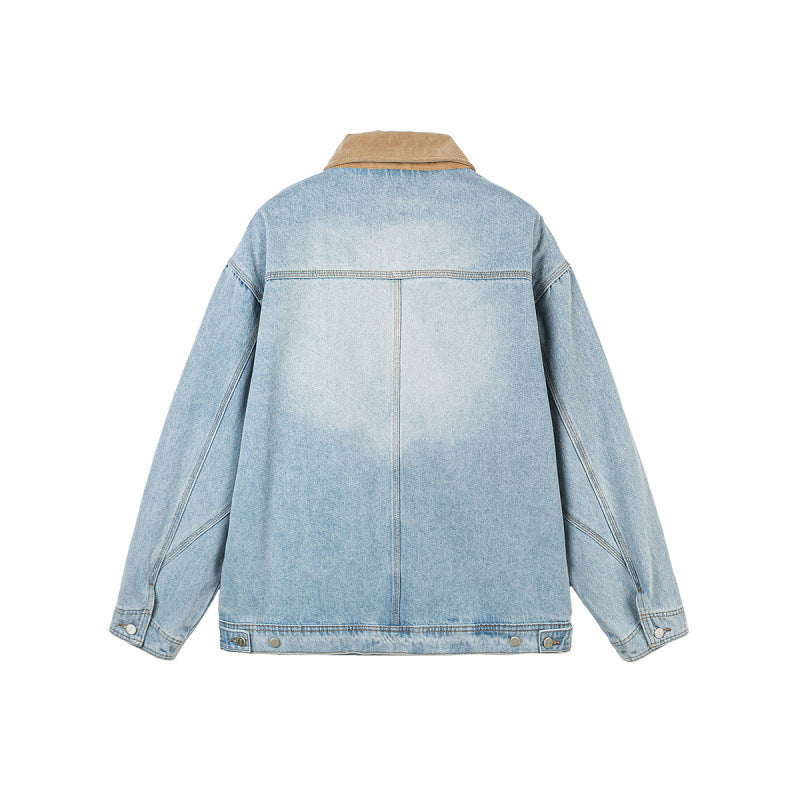 Men's Boxy Denim Jacket in Worker Style with Cord Collar and Front Zipper Mune Fashion