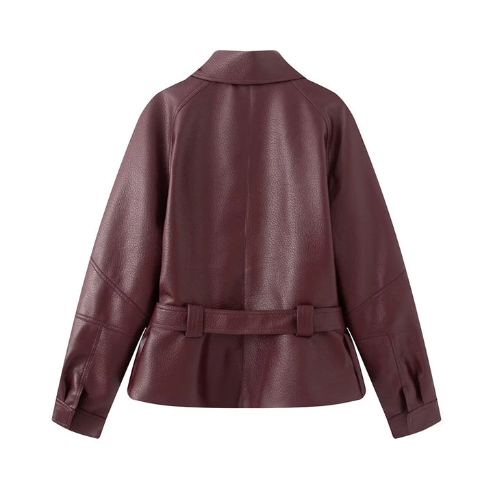 Women nan tailored faux leather jacket with shirt collar and tie belt Mune Fashion