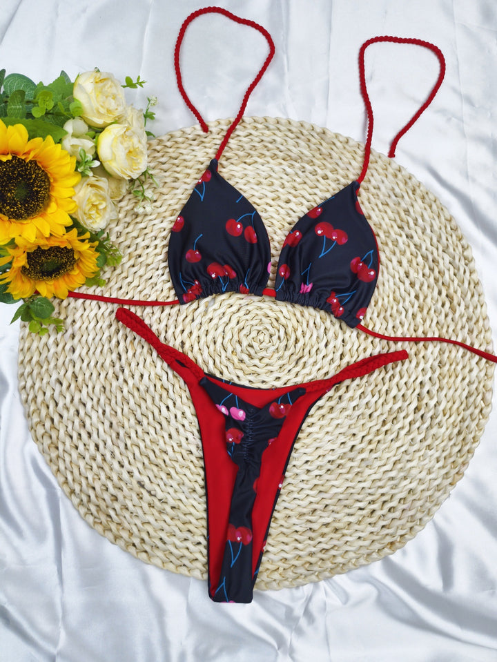 Women's Triangle Bikini Set with Cheerful Cherry Pattern and Adjustable Straps Mune Fashion