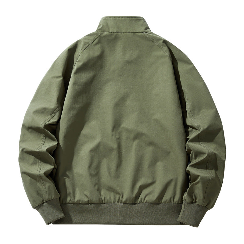 Men lightweight stand-up collar cotton blend bomber jacket with snap button neckline and diagonal seam details Mune Fashion