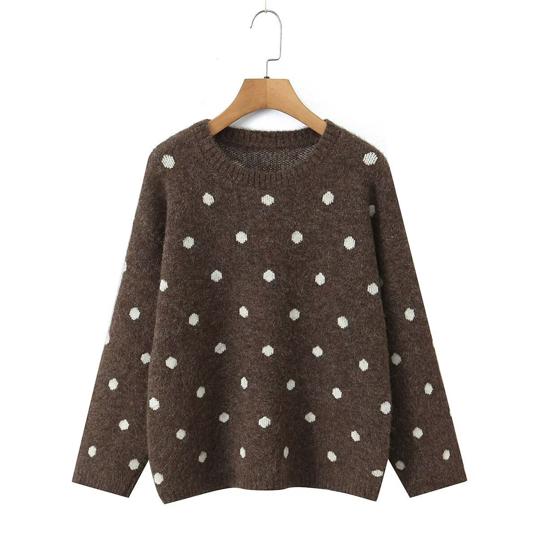 Women's Oversize Polka Dot Knit Sweater with Round Neck